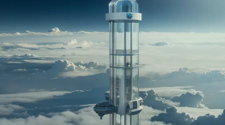 Sci-fi style orbital elevator，Above the clouds