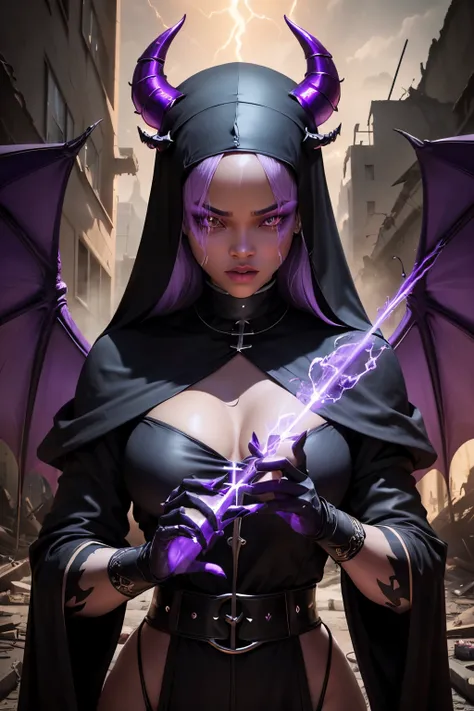 Rihanna : The evil nun, Demon horn, Demon wings on the head , sexy robe de nonne, Powerful bolts of destructive purple energy shoot out of his hands, His powerful magic hits the buildings of a destroyed city , Satanic, detailled eyes, detailed hands