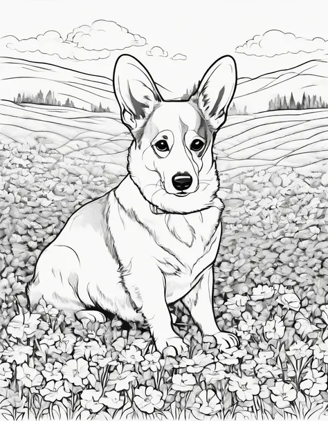 Pembroke Welsh Corgi in a flower field,line art, for coloring page, high quality, no shading,black and white