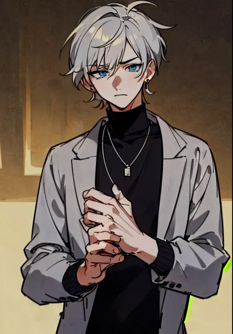 Male character, solo, upset, interactive with viewers, talking, kpop style, two block haircut, two side hair, light grey hair, silver hair, short but messy hair, light blue eyes, cyan eyes, man earrings, black turtleneck sweater, men necklace, popular, ner...