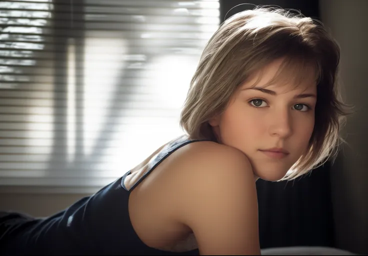 there is a woman laying on a bed with a remote in her hand, portrait soft light, portrait soft low light, medium portrait soft l...