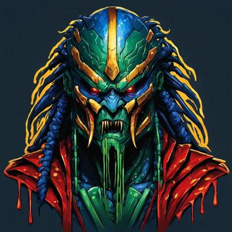 Predator with vivid green skin and dressed in a blue red and gold robe, a pen dripping with crimson in their claw, best quality, in morphism art style