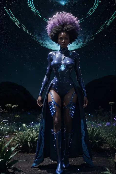 Full body shog of afro-anime art POV shot of African woman on an alien planet full of glowing blue fireflies and hybrid alien plants, dressed in African designed alien futuristic synthetic clothes, sci-fi art, cosmic art, afro anime style, black anime, 32k...