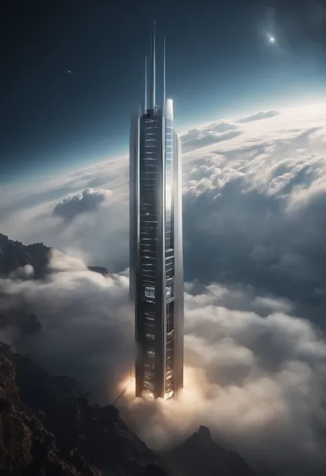 See the tower above the clouds, space elevator, Orbital elevator floating in the air, futuristic tower, sci-fy, The skyscraper of the future, Epic mega buildings, Sci-fi matte painting, Epic science fiction movie stills, in a scifi movie, Epic science fict...