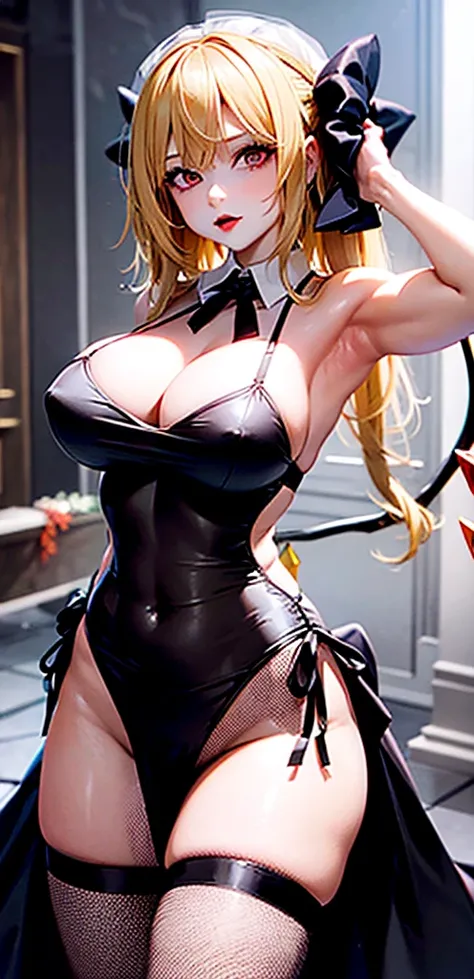 masterpiece, best quality,    1girl, blonde hair, mob cap, hair bow,long hair,wedding dress, huge breasts, cleavage, wings, fishnet, goth, black lipstick, fishnet dress, fishnet pantyhose, evil, muscular arms, muscular midriff, abs, muscular thighs, sixpac...