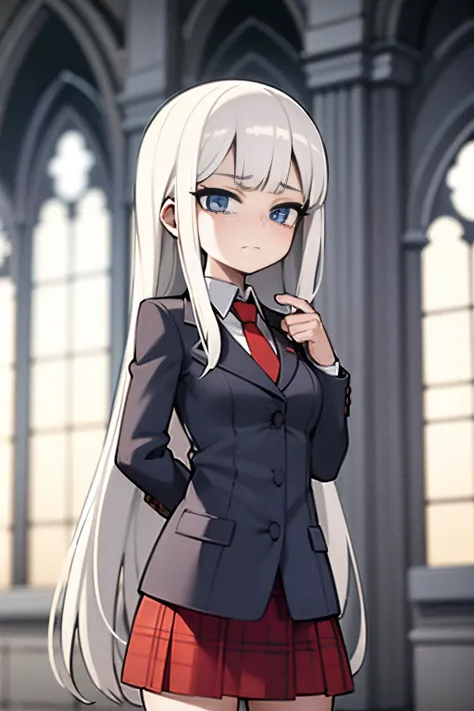 Young girl, white hair, blue eyes, shy face, white japanese student outifts, red plaid skirt, looking at viewer, in a cathedral, dark stmosphere, grey filter, blue vitral in background, white cathedral, 4k, masterpiece, HD