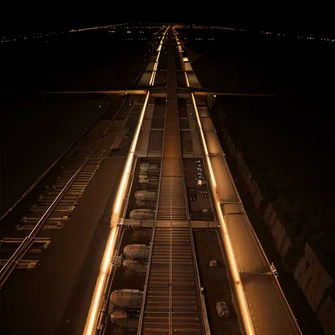 great plains railroad、Plains at night、running locomotive、7-car train、View from a distance、Overhead view