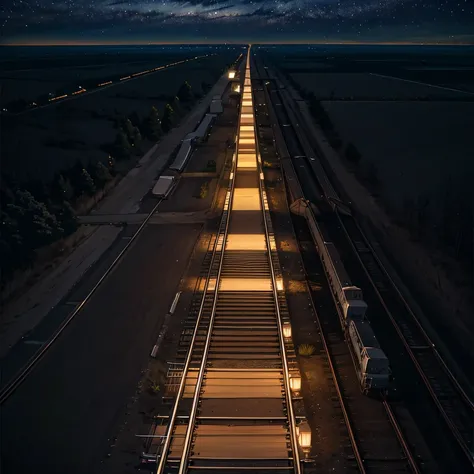 great plains railroad、plains at night、running train、View from a distance、Overhead view