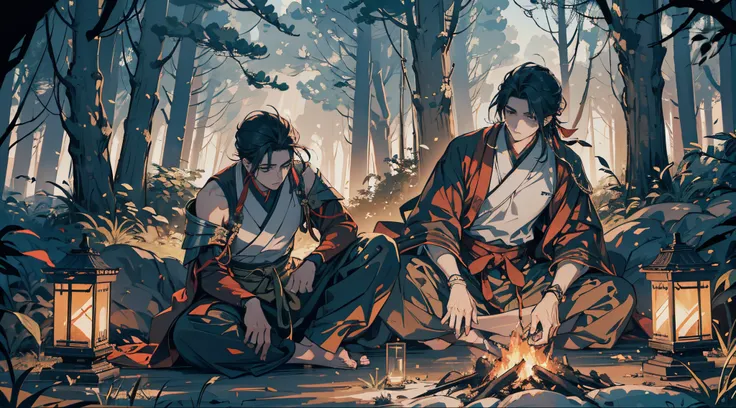 Imagine a poignant scene set in the heart of an ancient forest with two men, where Yone, the elder brother, in traditional japanese crimson attire, symbolizing his prowess as a seasoned warrior. Seated across from Yone, Yasuo, in a blue attire, rests with ...