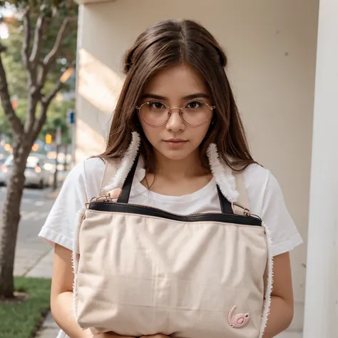 Eevee, eyeglass,pelos rosa claro e branco, pequena bolsa nas costas