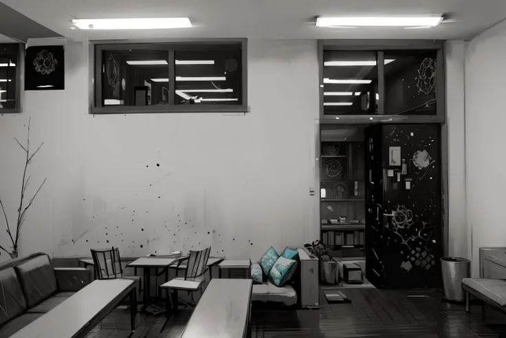 There is an outside picture of the room,There is a glass window in the middle，The bar and coffee table can be seen through the window，inside a gang hideout,  Inspired by Ismail Inoglu, inspired by Kawabata Ryūshi, concept art for a video game, room of the ...