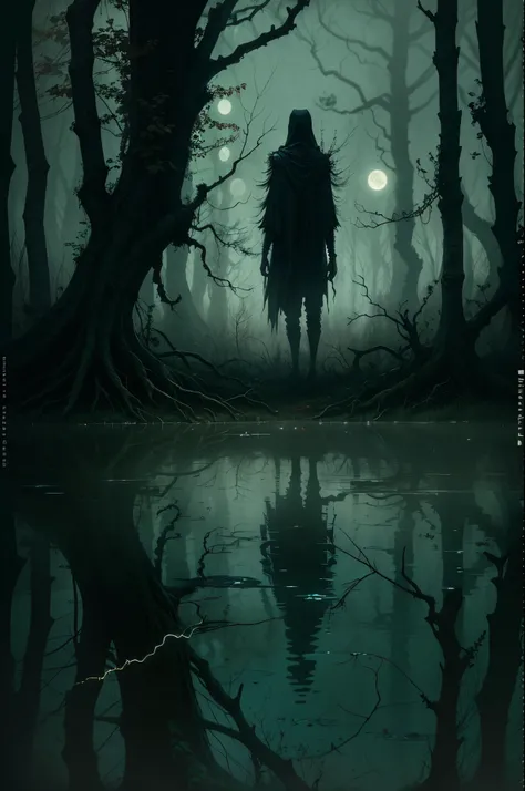 ultra-detailed, moody landscape,horror,sinister swamp,ominous figure silhouette standing in the middle of the marsh against the moonlight,moss-covered trees,creepy roots,rotting vegetation,spooky atmosphere,eerie glow from fireflies,unnerving shadows,night...