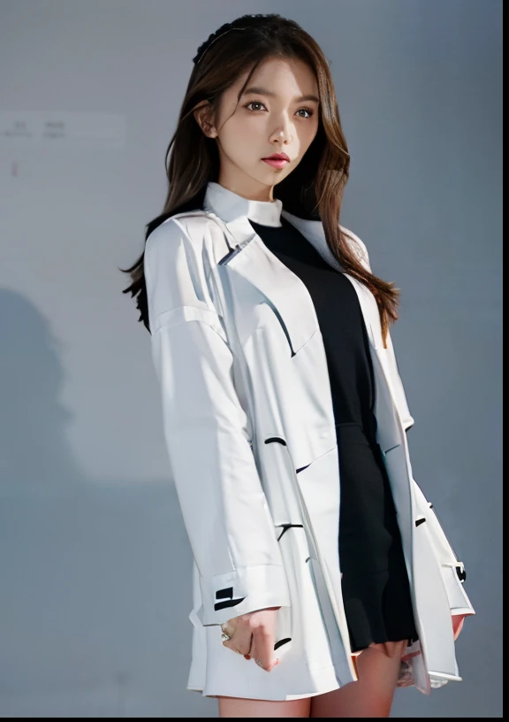 tmasterpiece, Best quality, high high quality, A high resolution, 1 busty girl, A lovely person, brunette color hair, Long gray hair, 黑The eye, white  shirt ,white long coat, black office skirt,  Full body lesbian, Eternal, hands in a pocket, boring, depth...