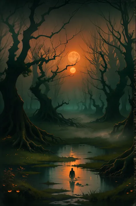 ultra-detailed, moody landscape,horror,sinister swamp,ominous figure silhouette standing in the middle of the marsh against the moonlight,moss-covered trees,creepy roots,rotting vegetation,spooky atmosphere,eerie glow from fireflies,unnerving shadows,night...