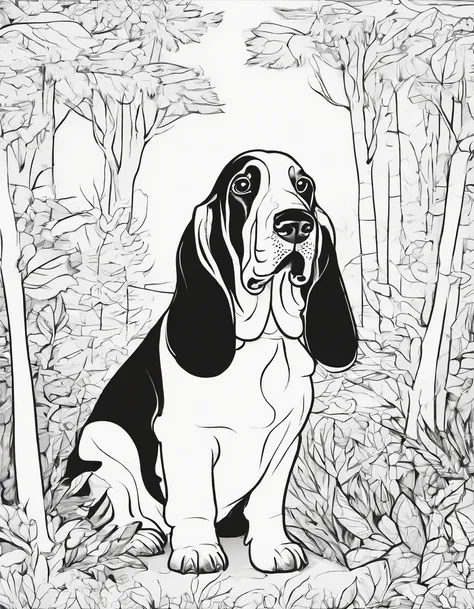 Basset Hound in a forest, for coloring page, line art, high quality, black and white, no shading