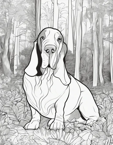 Basset Hound in a forest, for coloring page, line art, high quality, black and white, no shading