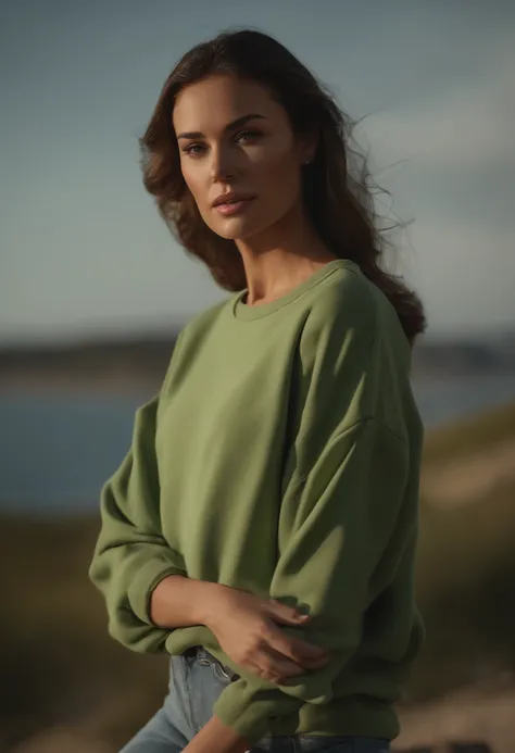 (Masterpiece: 1.3), (8K, Realistic, RAW photo, Best Quality: 1.4), Best Quality, High Resolution, Masterpiece, best detail, 8K, 3d model of green sweatshirt, made in a soft style, Face detailing, Brunette, dreamy quality, feminine exuberance, Matte Photo, ...