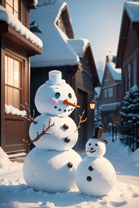 ((Building a snowman in front of the house))，at winter season，4K Ultra HD, 超高分辨率, (realisticlying: 1.4), Best quality at best，tmasterpiece，（pastel colour：1.2）