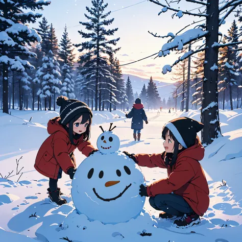 Several little children in winter clothes are happily building a snowman in the snowy field