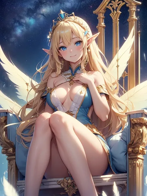 top-quality、Top image quality、​masterpiece、Full body naked girl((20yr old、Best Bust、big bast、Bust 90,Beautiful blue eyes、,Blonde long hair、A slender、Fairy feathers、a closeup、Sit with your knees bent、sideways Facing、、Floating in the light、beautiful tiara、hi...