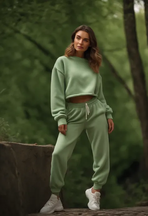 (Masterpiece: 1.3), (8K, Realistic, RAW photo, Best Quality: 1.4), Best Quality, High Resolution, Masterpiece, best detail, 8K, 3d model in a green fleece sweatshirt and green pants, made in a soft style, Face detailing, Ukrainian, in full height, dreamy q...