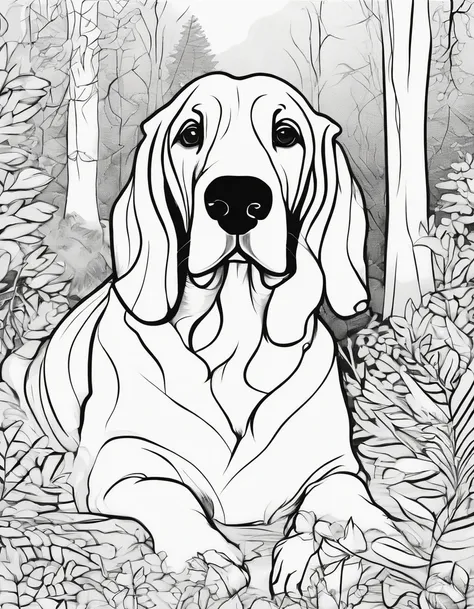 Basset Hound in a forest, for coloring page, line art, high quality, black and white, no shading