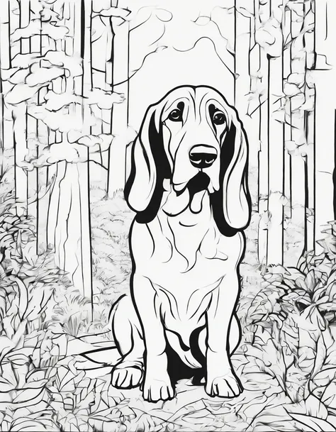 Basset Hound in a forest, for coloring page, line art, high quality, black and white, no shading