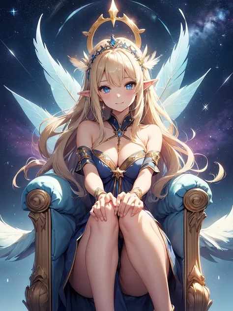 top-quality、Top image quality、​masterpiece、Full body naked girl((20yr old、Best Bust、big bast、Bust 90,Beautiful blue eyes、,Blonde long hair、A slender、Fairy feathers、a closeup、Sit with your knees bent、sideways Facing、、Floating in the light、beautiful tiara、hi...