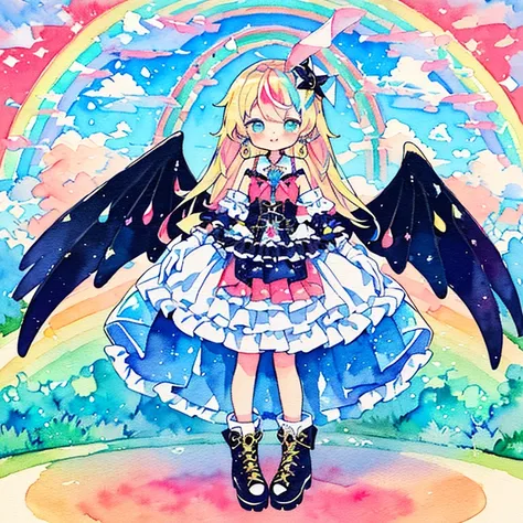 A smile：1.3、levitation、((Colorful, Vivid Color):1.3), (like a hologram々It&#39;s a bright colored dress:1.5), ((rainbow crinoline, Rainbow-colored multi-layered skirt):1.4), (Gothic lolita:1.2), (lace-up:1.2), ((Sleeveless, Bare shoulders):1.2), (Rainbow Fa...