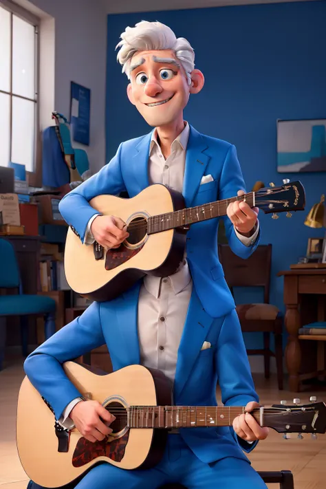 a man with white hair and a blue suit playing the guitar sitting