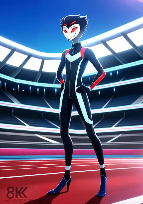 ((masterpiece)), ((8k quality)), (no watermark), stolas, male, mouth closed, detailed race track background, standing, one hand on hip, other hand at side, (solo:1.4), sleek, futuristic ((full body)) racing suit