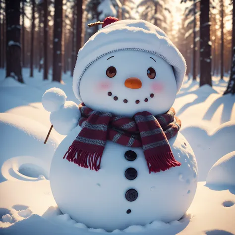 cute snowman，Beautiful cute snowman in the snow，The picture is clear，The background is forest