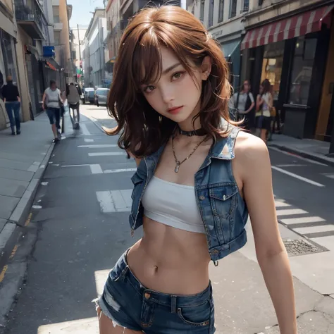 ((medium breast, tomboy girls, small head)), daylight, sunlight, (chiseled abs : 1.1), (perfect body : 1.1), (short wavy hair : 1.2) , auburn hair, collar, chain, full body shot, crowded street, wearing black tanktop, jeans jacket, ((shorts)), (extremely d...