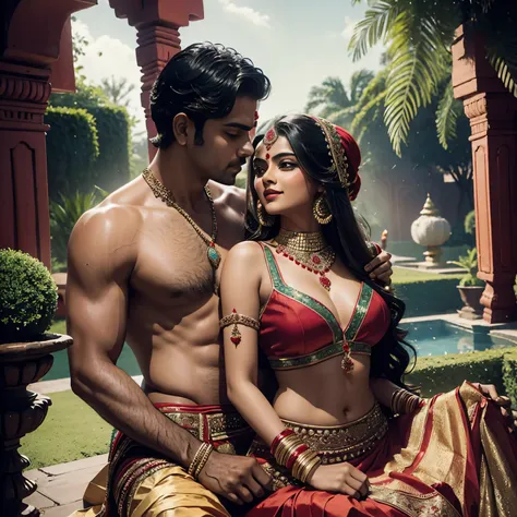 sexy indian young woman wearing sexy red lehenga, sitting on lap of clean shaved man (lord krishna), making out, aggressively, p...