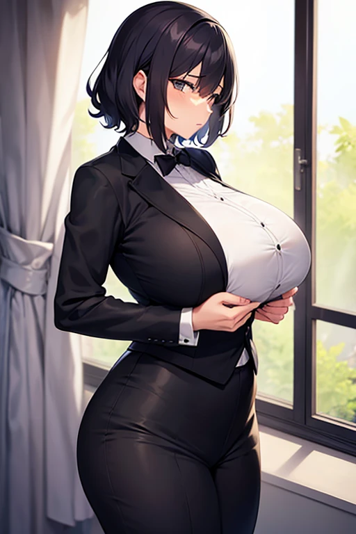 Female butler、by the window、boyish、a cool、huge udder、short-hair、perm、deadpan、tailcoat、toned waist、Huge ass