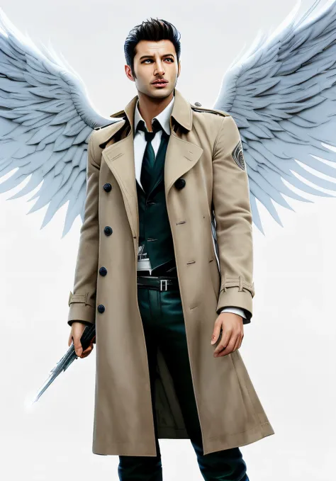 arafed image of a man in a trench coat with wings, full - body majestic angel, angel, low angel, constantine, lucifer, dean winchester, hq, one angel, he is wearing a trenchcoat, supernatural, adi granov, textless, high angel distant shot, full body portra...