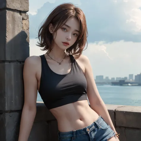 ((middlebreast、tomgirl、the head is small))、sunlights、sunlights、(Chiseled abs : 1.1)、(the perfect body : 1.1)、(short wavy hair : 1.2)、reddish brown hair、collars、chains、FULL BODYSHOT、crowdedstreets、Black tank top、Jeans wearing jacket、((short rise shorts))、(H...