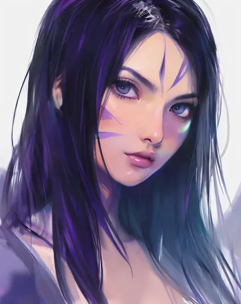 um close de uma mulher com cabelo roxo e uma pintura facial roxa, RossDraw Retrato, Rossdraw 1. 0, RossDraw pintura digital, retrato artgerm, retrato impressionante do rosto do anime, Rossdraw 2. 0, Rossdraw 2. 5, Artgerm e RossDrew, Irelia de League of Le...