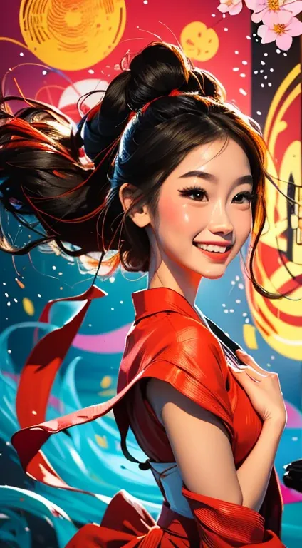 Beautiful face, beautiful body, long legs, big smile, light particles, Create digital artwork in the Pop Art style, Featuring a vibrant and confident young Asian girl，full length red kimono dress open (breast), Movie poster theme, Surrounded by vintage flo...