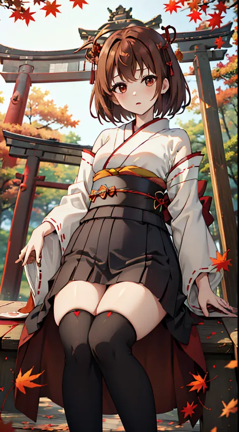 1girl,thighhighs,sitting,solo,heart,long_hair,red_hair,black_legwear,twintails,blurry,depth_of_field,japanese_clothes,kimono,leaf,maple_leaf,blurry_background,autumn_leaves,hand_fan,short_hair,mask,blurry_foreground,brown_hair,looking_at_viewer,lantern,pap...