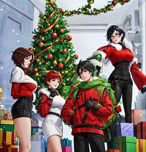 4 friends wearing Christmas outfits, two boys, two girls. Anime style, all in front view, a big Christmas tree behind them. 

One boy with long black hair, glasses 
And 

2nd boy with short black hair. 

One girl with short short black hair with glasses, m...