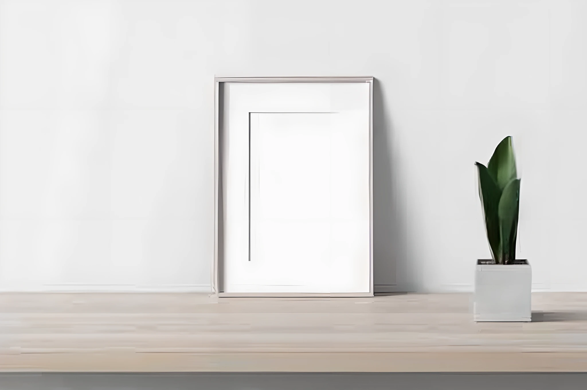 un marco blanco en un estante junto a una planta en una maceta, Marco alto y delgado, Arte minimalista, en un marco, Marcos, muy minimalista, Marco ancho, sobre una mesa blanca, Marco blanco, Pintura minimalista, Una pintura minimalista, Obra de arte recta...