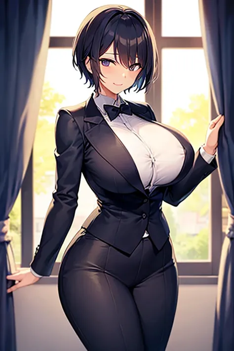 Female butler、by the window、a cool、huge udder、short-hair、Mothers smile、tailcoat、thin-waist、twinks、rigor、Floated nipples