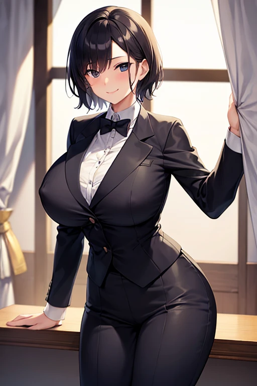 Female butler、by the window、a cool、huge udder、short-hair、Mothers smile、tailcoat、thin-waist、twinks、rigor、Floated nipples