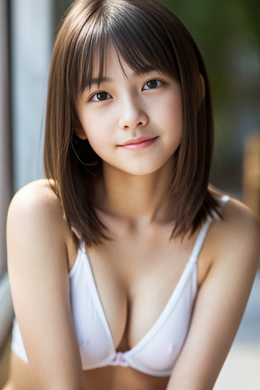 best quality, high-res, realistic photo, detailed skin texture, cute girl, shy, facing the camera, slim figure, small breasts, 10-year-old, charming gaze, Japanese girl, fair skin, white underwear, youthful appearance, extra short hair,