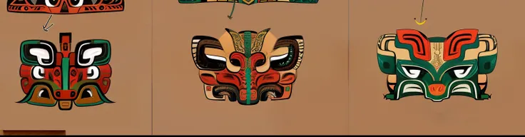 Close-up of various drawings of different designs, quetzecoatl&#39;s art style, the ancient symbols behind it, Tribal mask inside the mask, West African mask pattern style, ancient tribal imagery, Tlingit Haida lithography, totem 2, delicated face, mayan s...