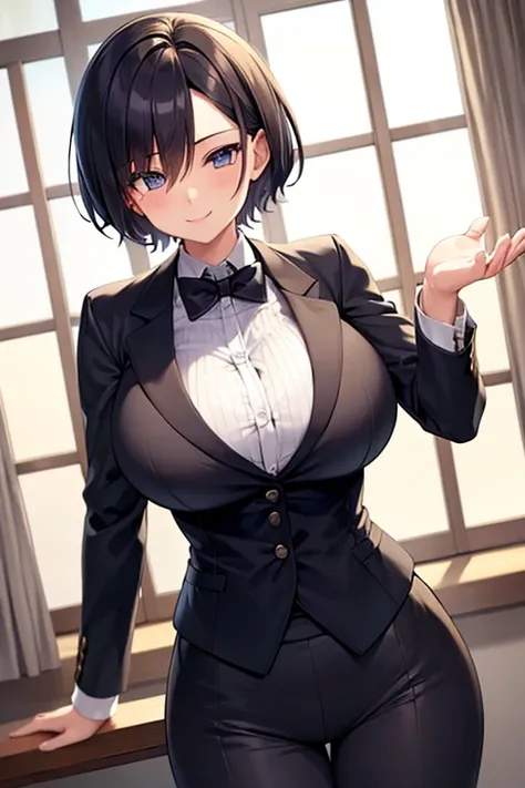 Female butler、by the window、a cool、huge udder、short-hair、tailcoat、thin-waist、twinks、rigor、A confident smile