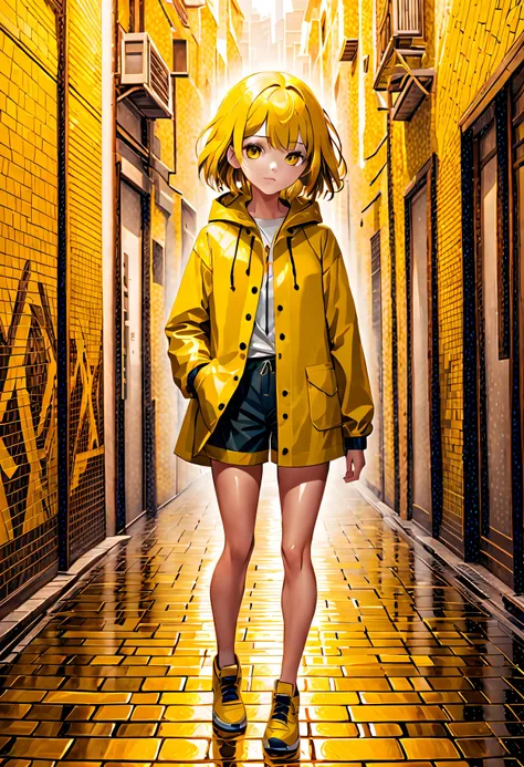 (masterpiece:1.0), (highest quality:1.0), (hdr:1.0), 1girl, yellow raincoat, shorts, mosaic background, standing