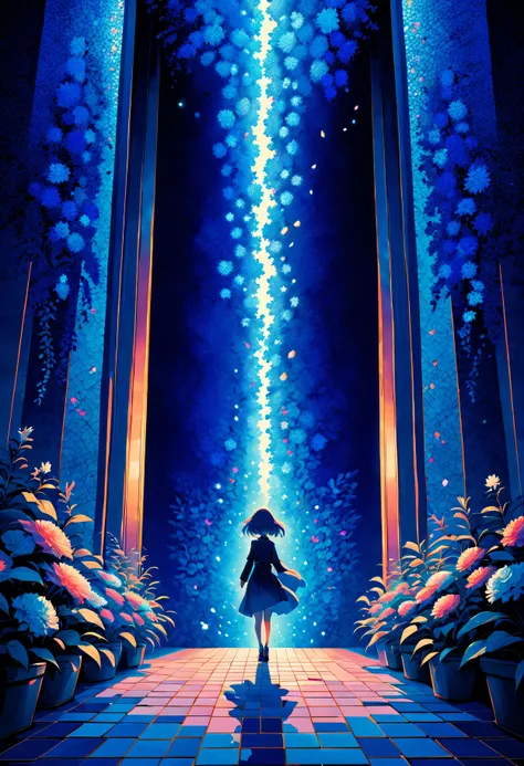 anime opening, (1girl), solo, a dreamscape aesthetic in Cobalt blue theme atmosphere, mosaic background, happy, floral, (wallpaper style), movie trailer, cinematic, screencap, still shot, true perception, comfortable