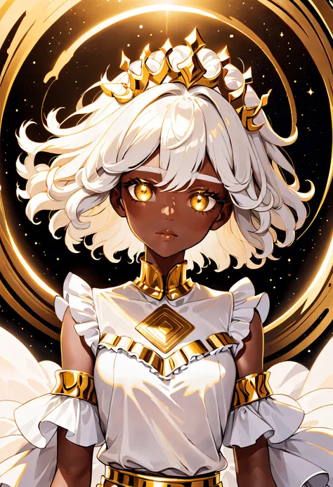 (abstract art:1.2), african art, spiritual art, (style of Francesco Torbido:1.18), white elegant clothing, gold trim, white top, (frills), dark-skinned female, luxury, gold, armband, metal, soft fabric, frilled top, wavy hair, white hair, hair whiskers, li...